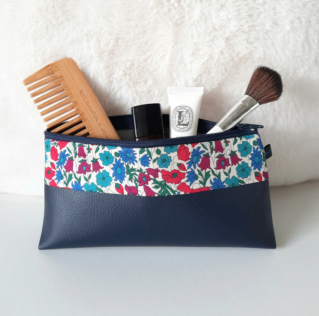 Trousse à maquillage marine et tissu Liberty Poppy and Daisy / Trousse de toilette femme