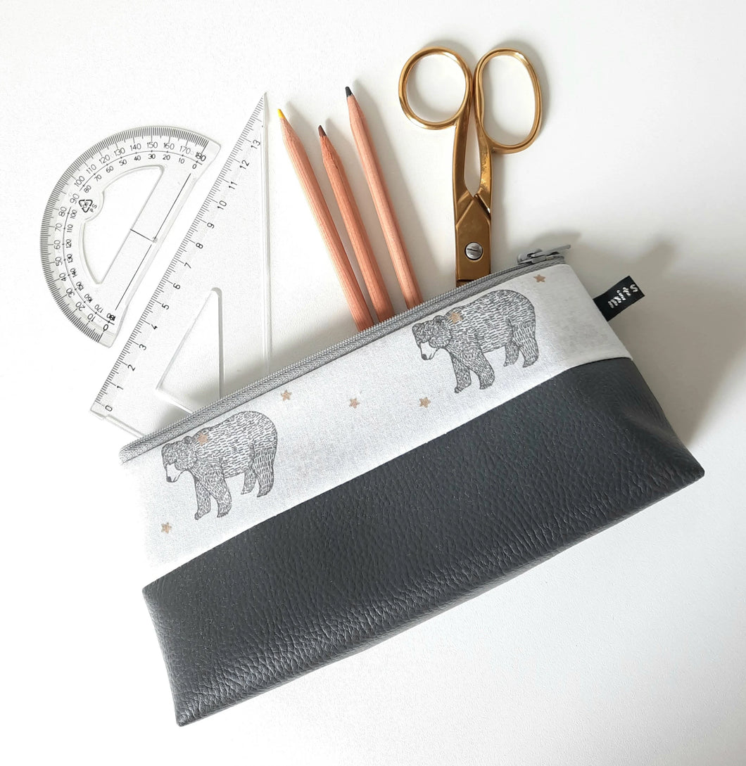 Trousse d'école enfant gris foncé et tissu Ours / trousse école fait main / trousse scolaire